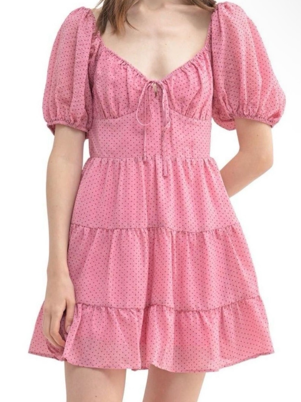 Lush Pink Polka-Dot Puff-Sleeve Tiered Mini Dress